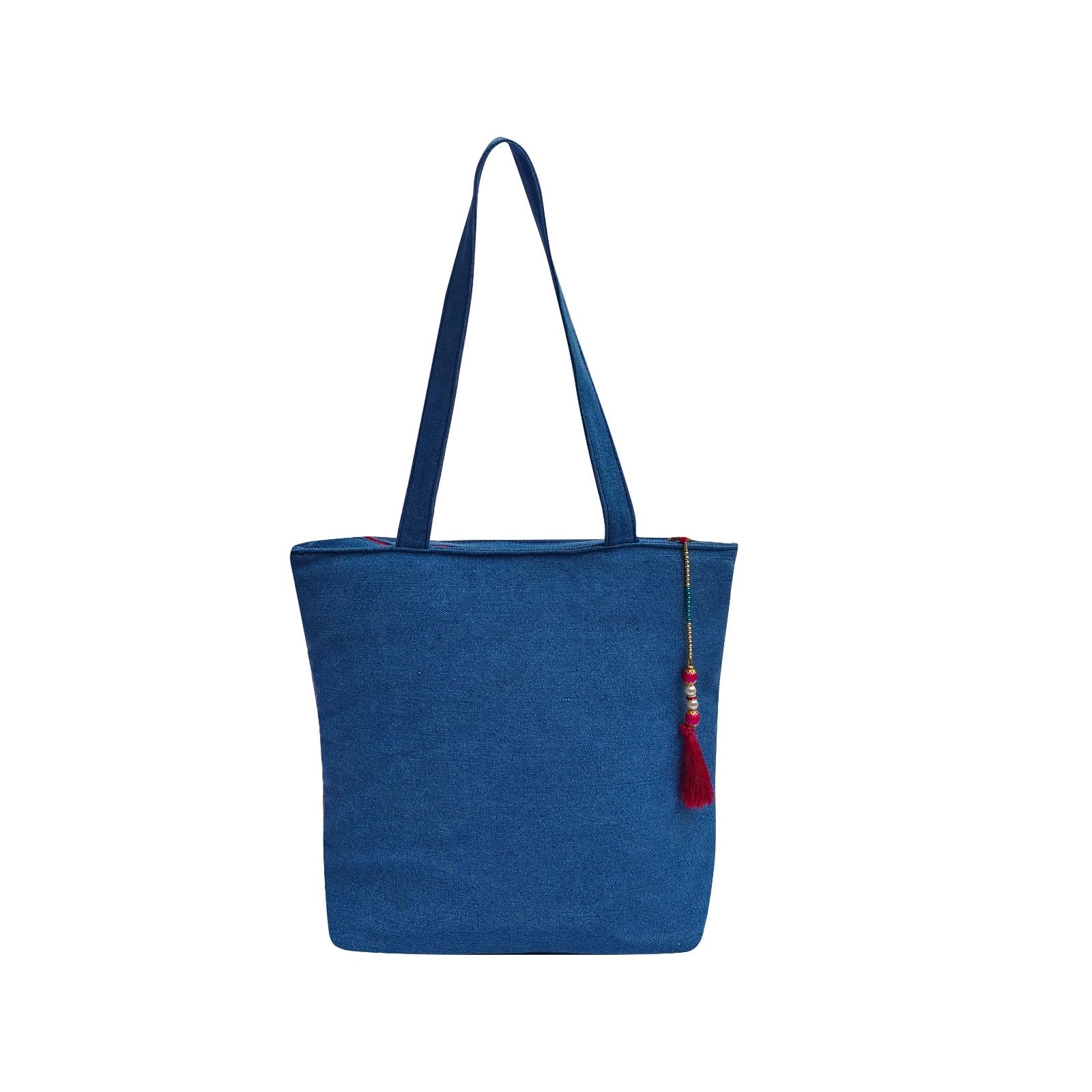 The Purani Jeans Women’s Stylish Denim Tote Bag | Large Capacity Handbag with Ghungroo Design | Office College Shopping Travel Bag | Zipper Closure | Eco-Friendly Reusable