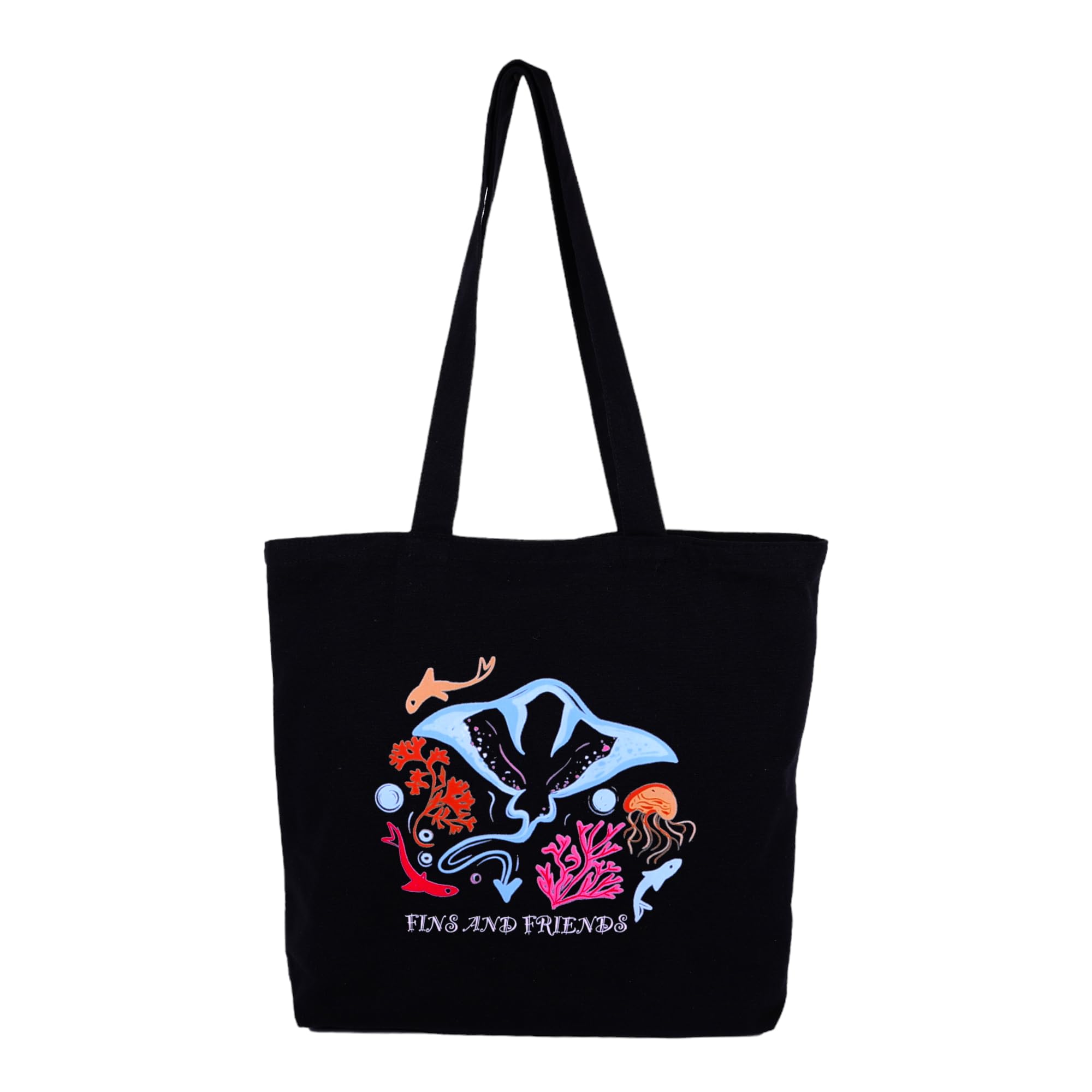DANIOO Large Black Cotton Canvas Tote Bag for Women with Zipper, Inner Pocket and Bottle Holder