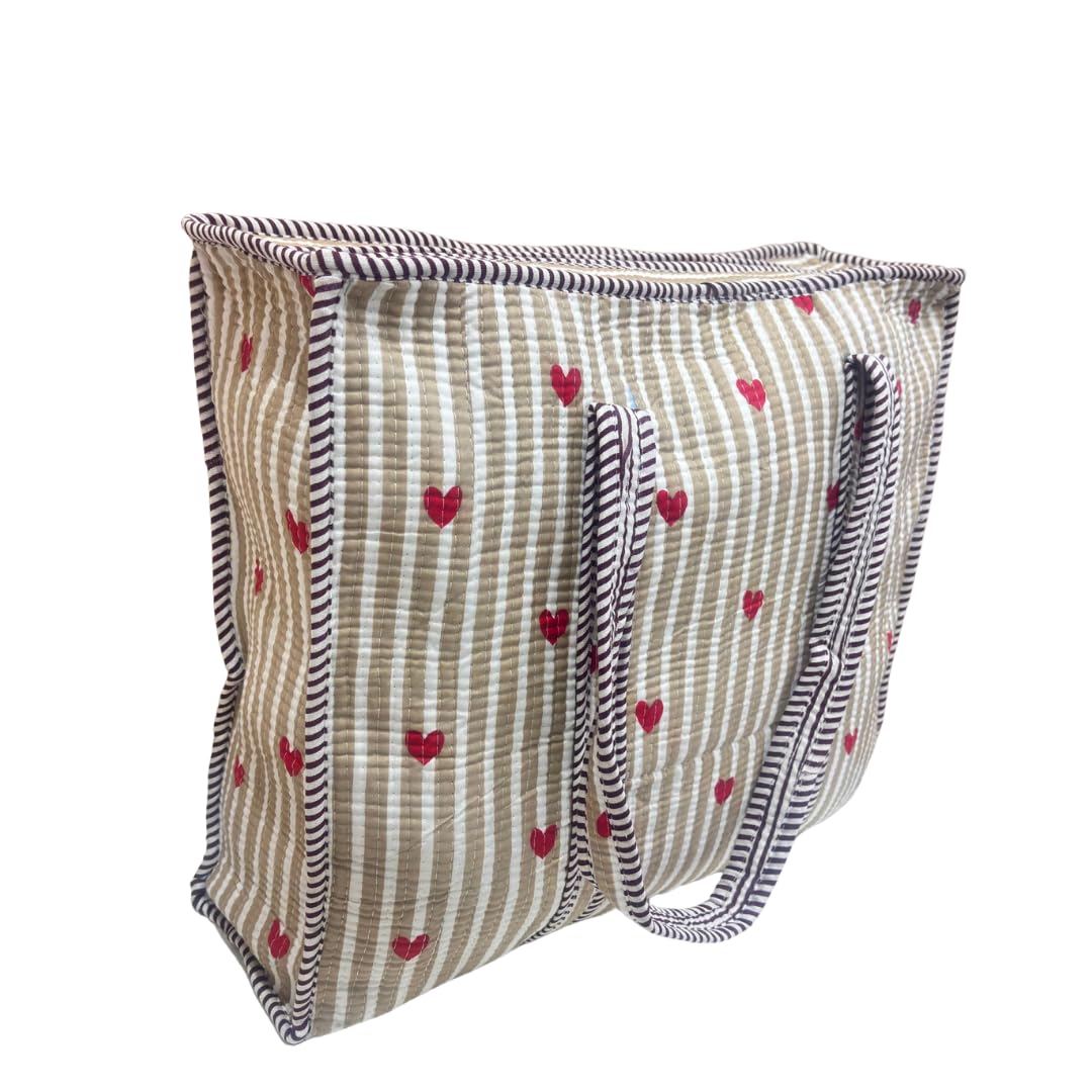 Bazaar Bhoot Edition Premium Cotton Quilted Shopping Tote Bag - Multipurpose Long Lasting Foldable Reusable Bag with zipper for Shopping, Travel & Daily Use - Made in India (Heart Beige)