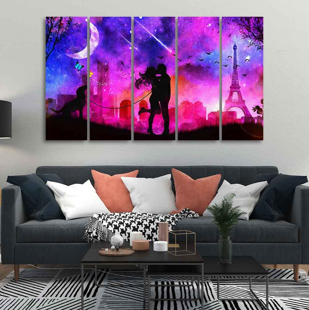 VIBECRAFTS Couple Kissing Modern Abstract Art Wall Painting of Five Pieces For Home|Office|Living Room|Gift (PTVC5Pcs4_8688)