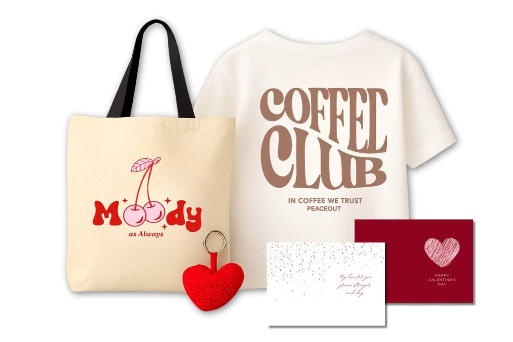 PeaceOut Valentine’s Day Gift Set Combo for Women/Her | Printed Cotton T-Shirt – Regular Fit with Printed Tote Bag, Heart Keychain (in, Alpha, S, Regular, White COFFEECLUB)