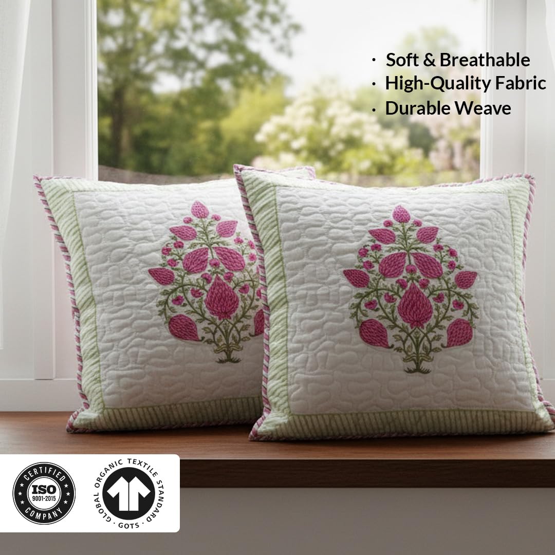 HOMEMONDE Premium Cotton Cushion Covers Pack of 1 - Soft Floral Hand Block Print Living Room 16 X 16 Inch Pillow Cases
