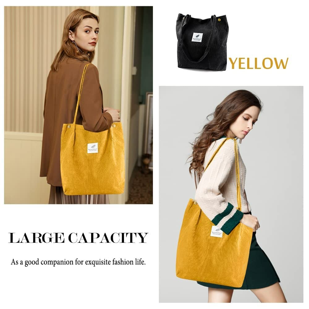 Street27 Korean Canvas Corduroy Tote Bag Casual Work Shoulder Handbags, Multi-Purpose Bag, Sturdy Canvas Bag With Large Capacity, Shopping Bag For Office, College & Daily Use (Yellow, Womens)