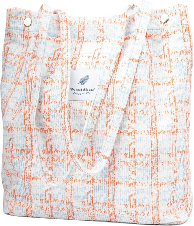 Lyrovo Women Corduroy Shoulder Tote Bag for Work Beach Travel and Shopping Grocery (Orange Checkered)
