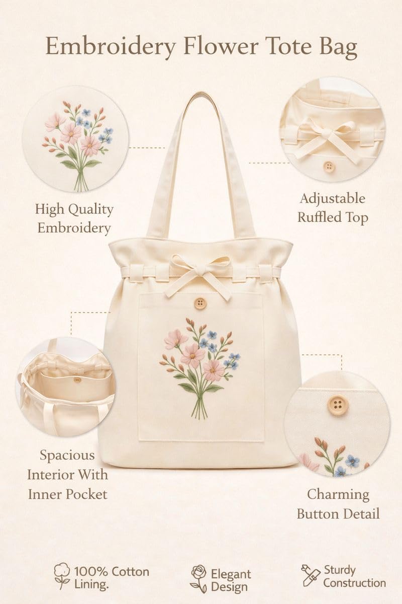 HaveGlam Embroidered Flower Tote Bag with 100% Cotton Lining Inner Pocket Button Detail for Daily Use Travel College Shopping Office & Casual Wear Lightweight Tote for Ladies & Girls (White)