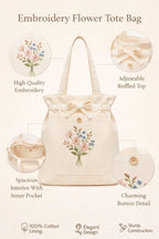 HaveGlam Embroidered Flower Tote Bag with 100% Cotton Lining Inner Pocket Button Detail for Daily Use Travel College Shopping Office & Casual Wear Lightweight Tote for Ladies & Girls (White)