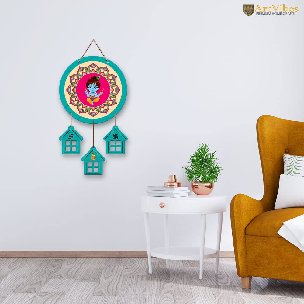 Artvibes Lord Krishna Round Shape MDF Wooden Wall Decor Items | Properity | Spiritual Decor Items | Religious Wall Art | Wall Poster | Artwork| Stylish Modern Decor Item | Gift Items (WH_7210N)