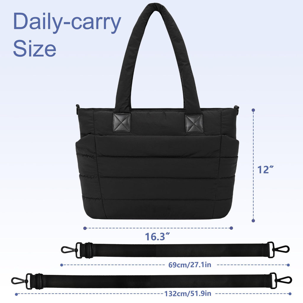 GASSDA Tote Bag for Women Puffer Work Tote Handbag Large Quilted Nurse Bag with Zipper for Travel, Black, Large