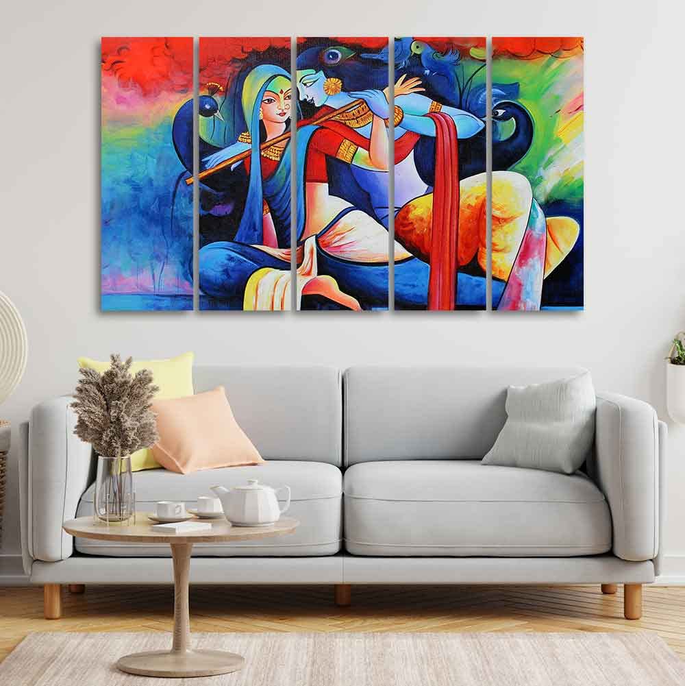 VIBECRAFTS Radha Krishan Playing Flute Canvas Wall Painting Five Panel Set For Home|Office|Living Room|Gift (PTVC5Pcs4_8693)