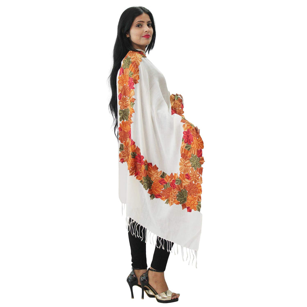 Matelco Women's White Woollen Shawl With Kashmiri Work Embroidery