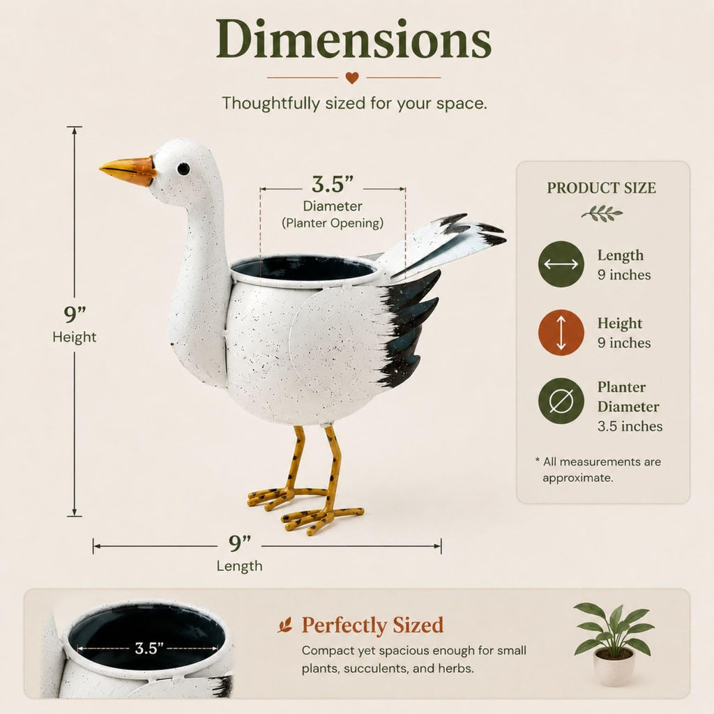 ATRANGI STUDIO Seagull Shape Handpainted Metal Planter | Decorative Planter for Indoor Outdoor Plants | Perfect for Succulent | Home, Balcony, Garden Decor | 9 × 4 × 9 inches (White)