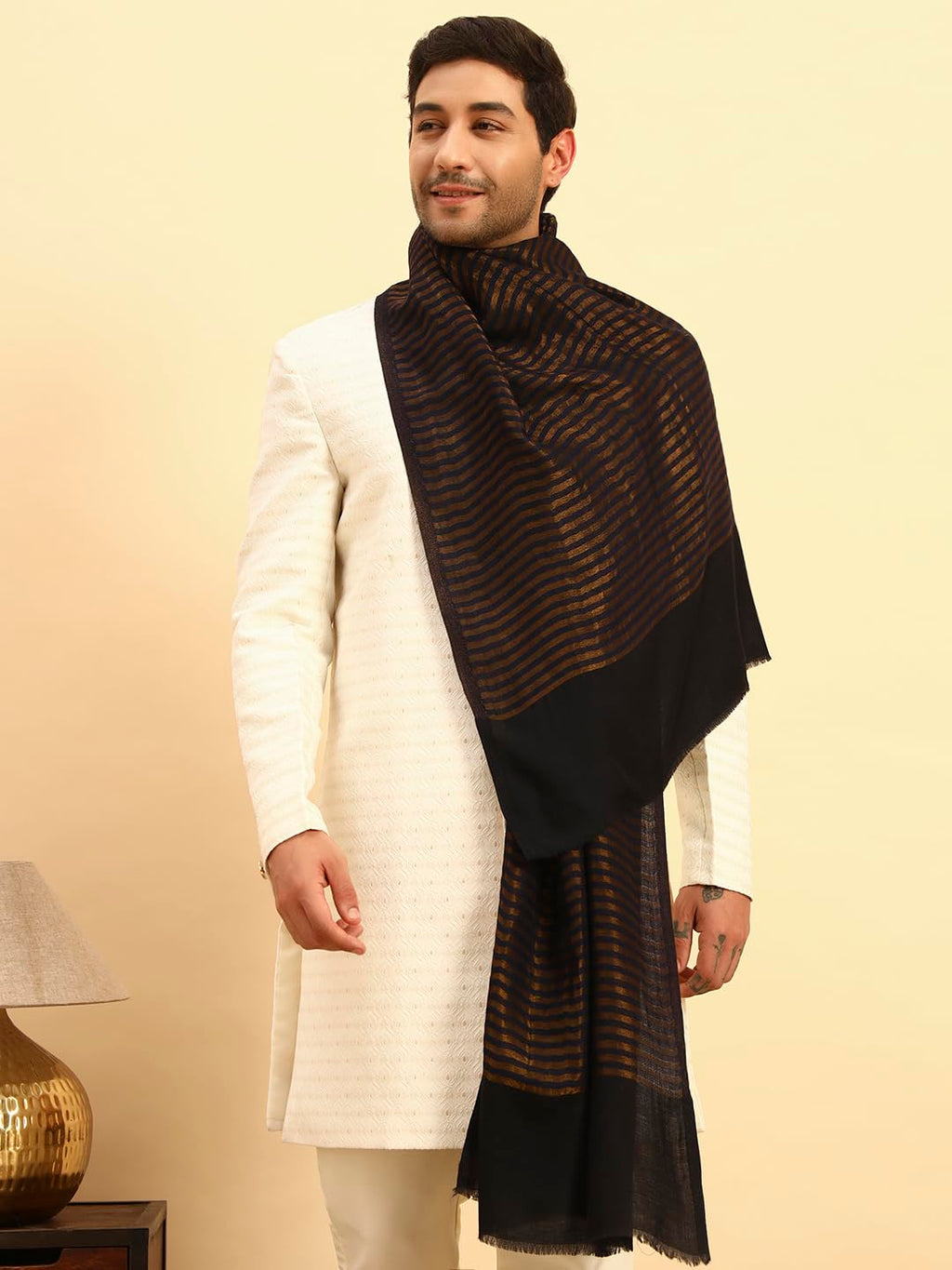 Pashmoda Men Golden Eclipse Reversible Zari Moonlight Fine Wool Stole (Size-28x80in, 71x203cm) MZSST03