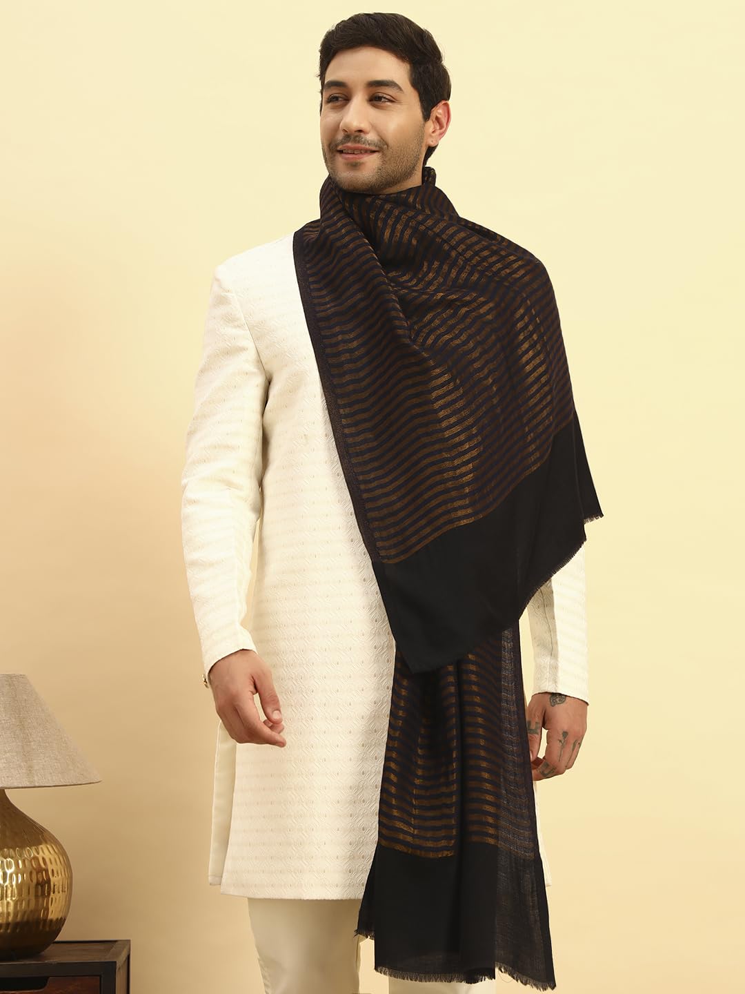 Pashmoda Men Golden Eclipse Reversible Zari Moonlight Fine Wool Stole (Size-28x80in, 71x203cm) MZSST03