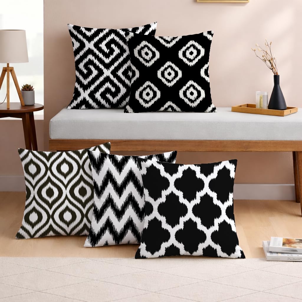 STITCHNEST Set of 5 Polycotton Cushion Covers – 18x18 Inches – Black & White Ikat Geometric Print – Elegant Cushion Covers for Sofa & Living Room | Perfect for Home Decor