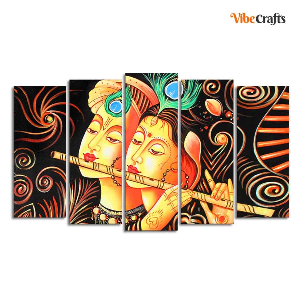 VIBECRAFTS Radha Krishna with Flute Set of Five Pieces Wall Painting For Home|Office|Living Room|Gift (PTVC5Pcs2_6577)