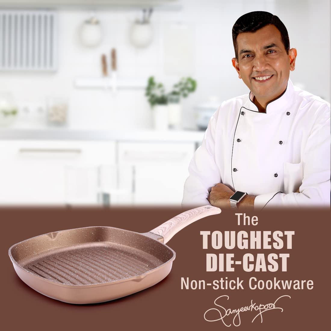 Wonderchef Duralife Die-cast Non-Stick Grill Pan 24cm for Kitchen, Non-Toxic, Chemical & PFOA Free Duramax Coating, Low-Oil Cooking, Gas Stove & Induction Friendly, 2-Yr Warranty Copper