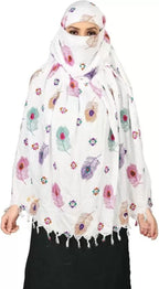 Vinsh Enterprise Cotton Long Scarf Cum Mask Scarves Usable for Vehicle Driver | White Printed Design | Universal Size | For Girl & Women | Soft & Breathable Sun Protection (Feather)
