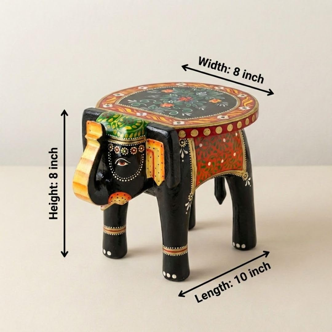 ATRANGI STUDIO Black Colourful Handpainted Wooden Elephant Stool Cum Showpiece | Mango Wood Traditional Multipurpose Stool for Living Room Decor & Mandir | Perfect for Plant Stand | 8x8x10 inch