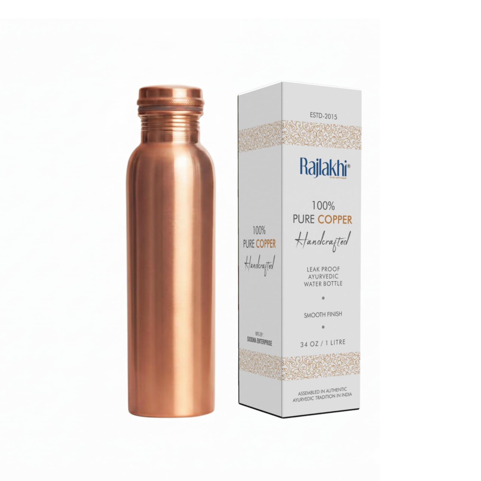 Rajlakhi Copper Water Bottle 1 Ltr Pure Ayurvedic Copper Bottle for Drinking Water | Copper Bottle 1 Ltr Leak Proof Design | Tamba Pot, Pure Tambe Ka Metal Bottles for School Kids & Women Daily Use.