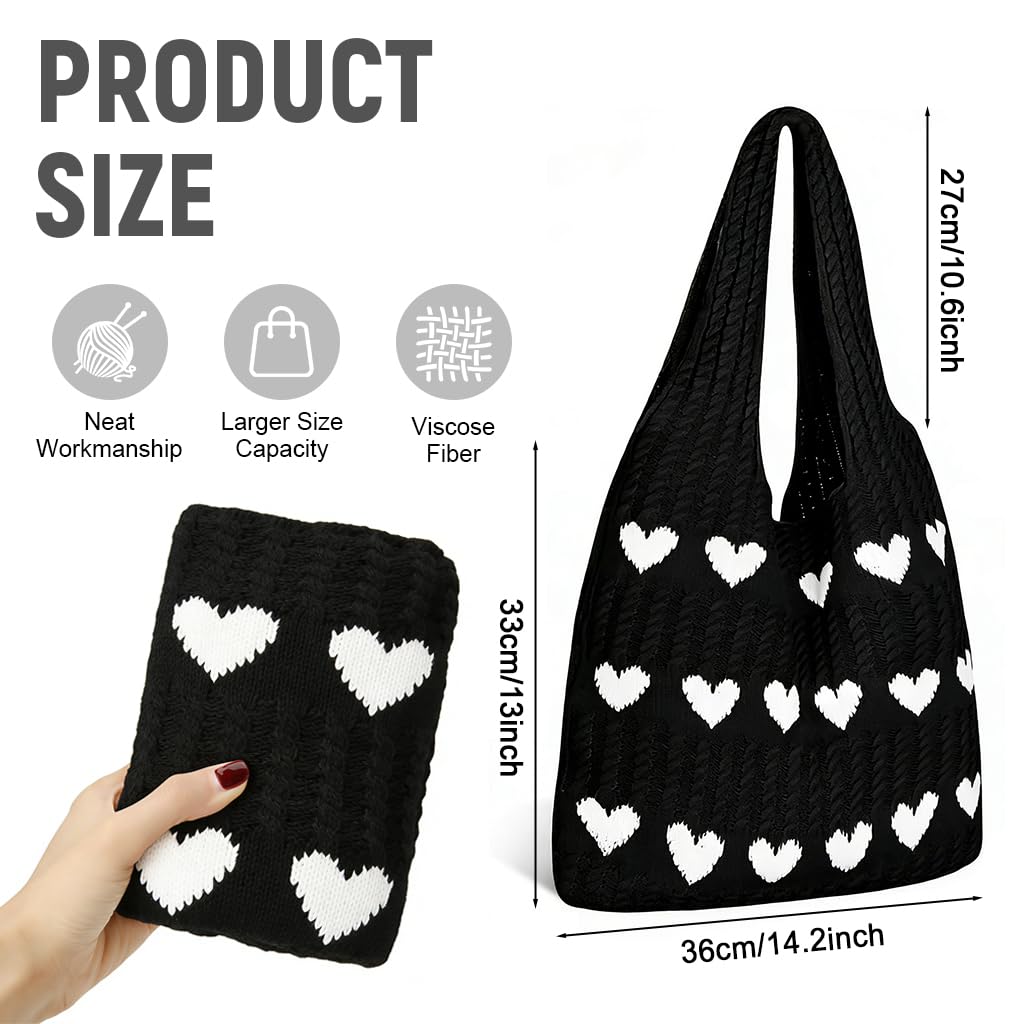 Zibuyu Pack Crochet Heart Tote Bag, Soft Knit Aesthetic Shoulder Black