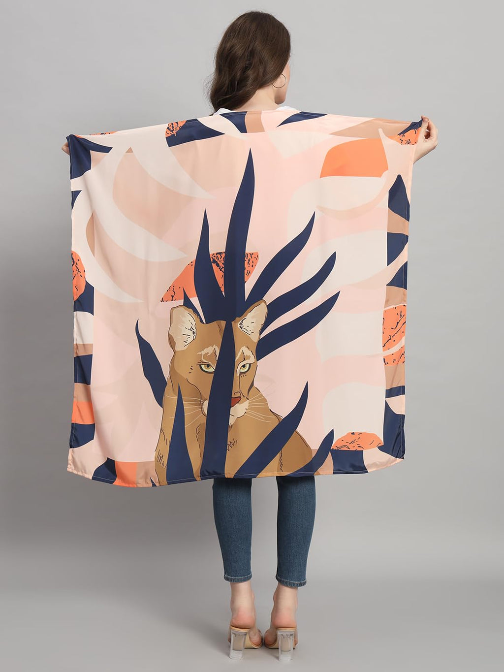 Ravaiyaa - Attitude is everything Women's Crepe Silk Digital Print Large Square Scarf Breathable Lightweight Neckerchief Printed Headscarf 40 x 40 Inch (Orange & Blue - Lion)