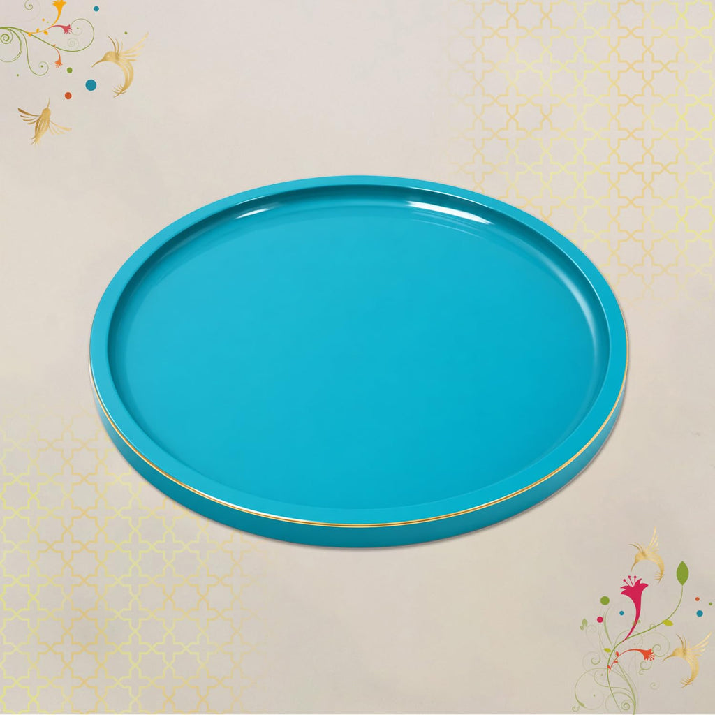 CRAFTSLANE Round Decorative Tray 11 x 11 inch High Gloss with Gold Trim | Wooden Serving & Counter Tray for Keys & Home Decor (Turquoise Blue)