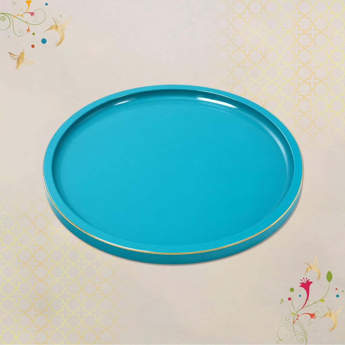 CRAFTSLANE Round Decorative Tray 11 x 11 inch High Gloss with Gold Trim | Wooden Serving & Counter Tray for Keys & Home Decor (Turquoise Blue)