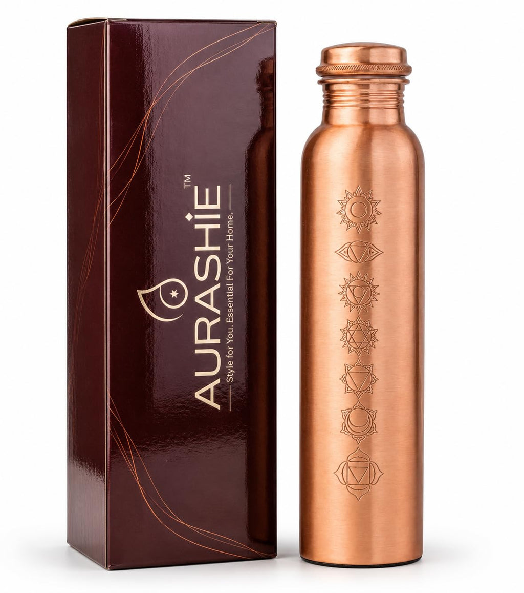 AURASHIE Pure Copper Water Bottle 1 Litre with Sacred (7 Chakras) Geometry Design | BPA Free & Leak Proof | Copper-Infused Water | Durable & Rust Proof | Ayurveda Health Benefits - (Plain Copper)
