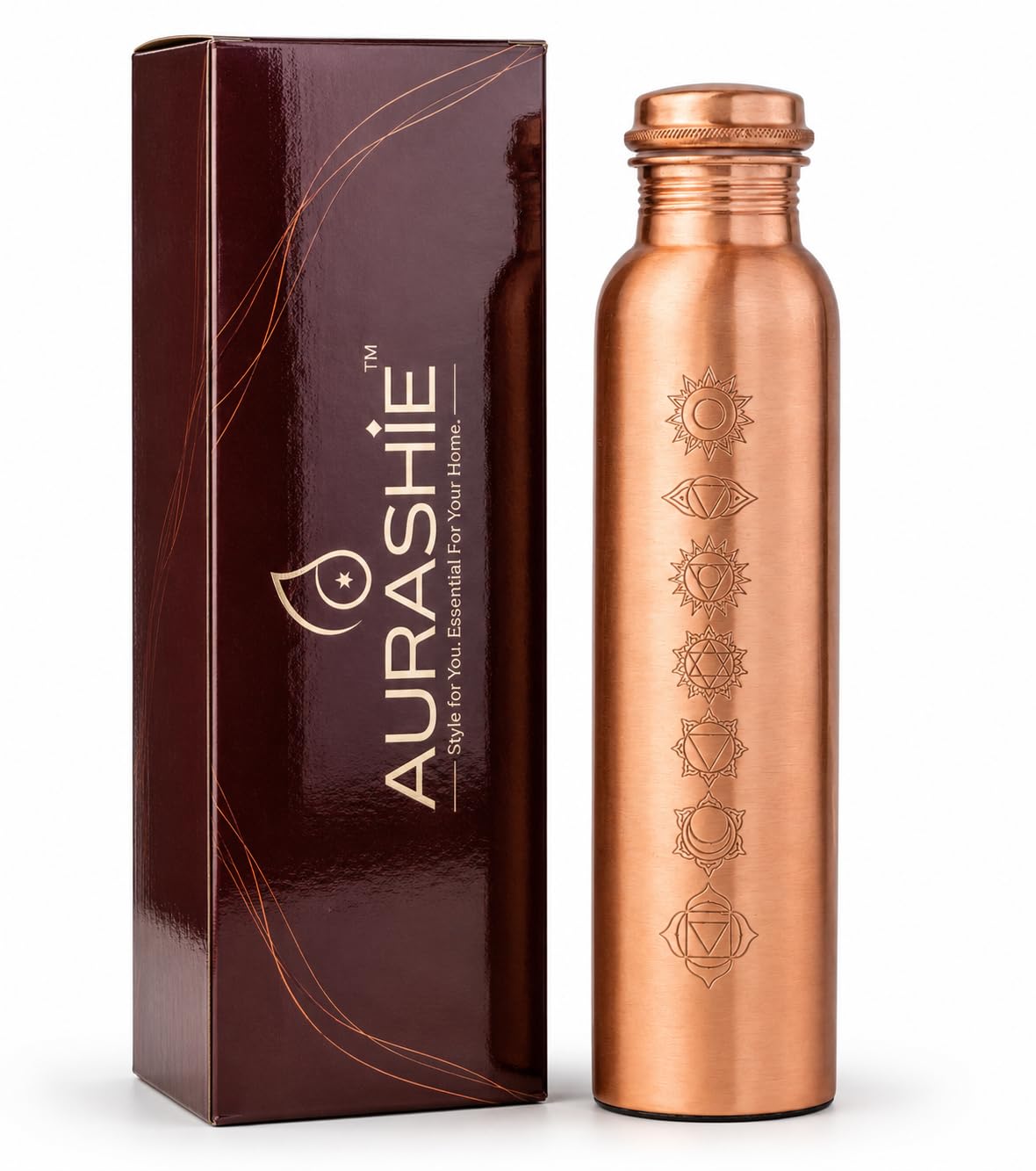 AURASHIE Pure Copper Water Bottle 1 Litre with Sacred (7 Chakras) Geometry Design | BPA Free & Leak Proof | Copper-Infused Water | Durable & Rust Proof | Ayurveda Health Benefits - (Plain Copper)