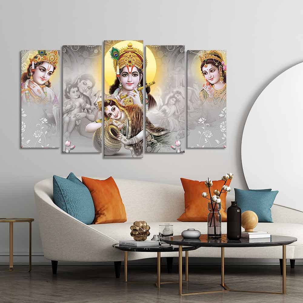 VIBECRAFTS Radha Krishna Premium Wall Painting of Five Pieces Set For Home|Office|Living Room|Gift (PTVC5Pcs2_6612)