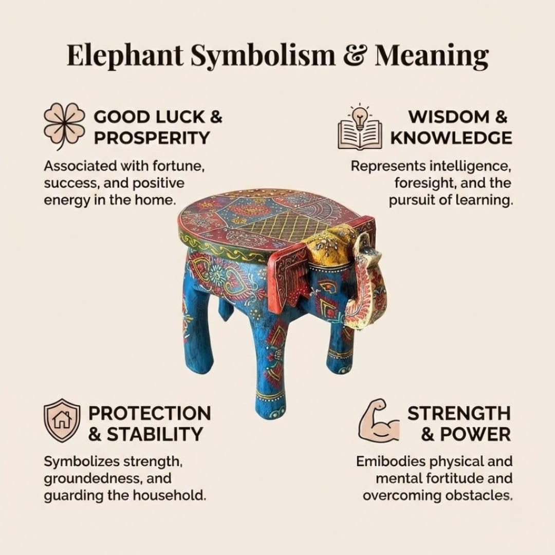 ATRANGI STUDIO Blue Handpainted Wooden Elephant Stool Cum Showpiece | Mango Wood Traditional Multipurpose Stool for Living Room Decor & Mandir | Perfect for Plant Stand | 8x8x10 inch