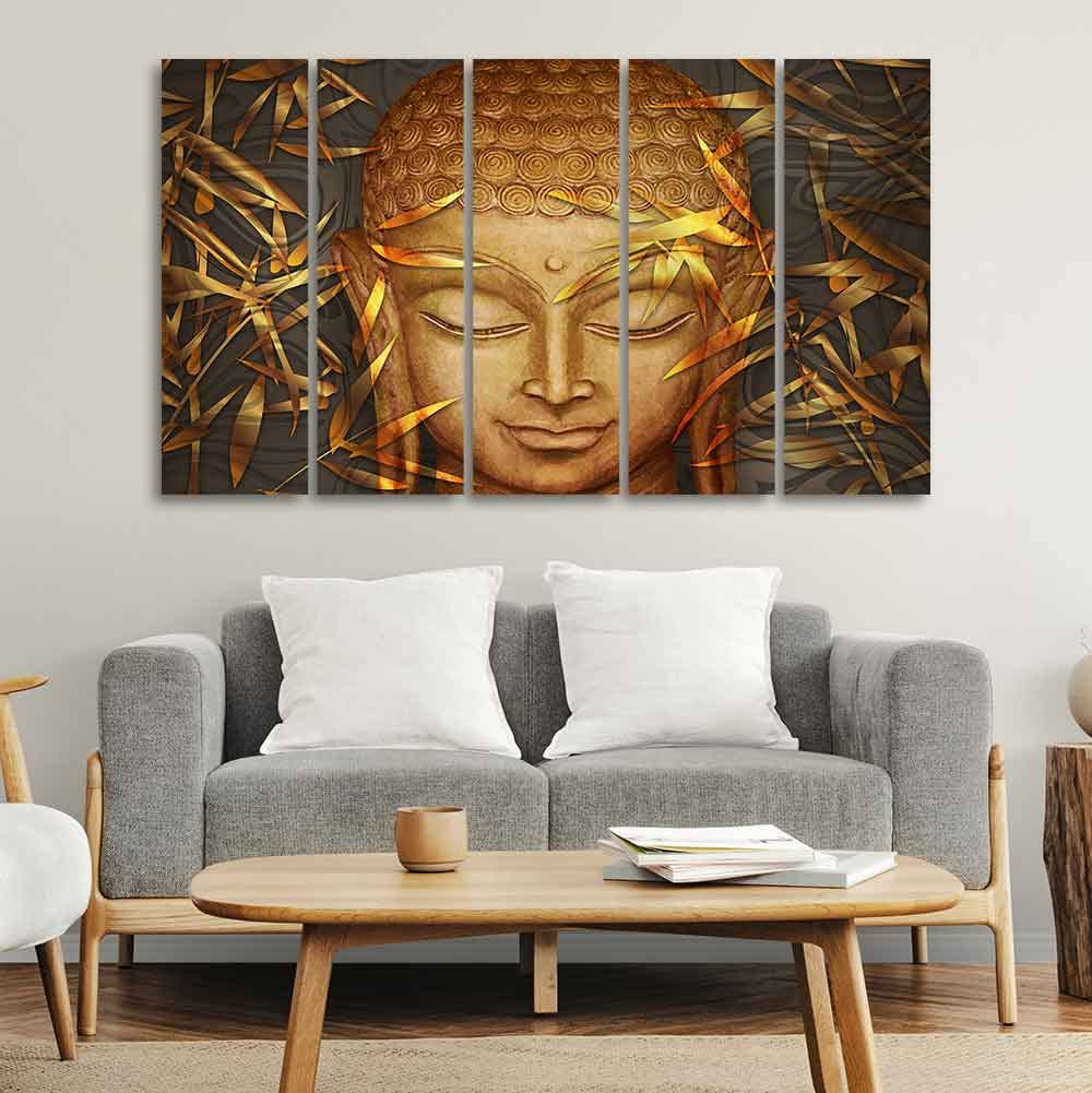 VIBECRAFTS Gautam Buddha with Serene Smile Wall Painting Set of Five Pieces For Home|Office|Living Room|Gift (PTVC5Pcs4_8682)
