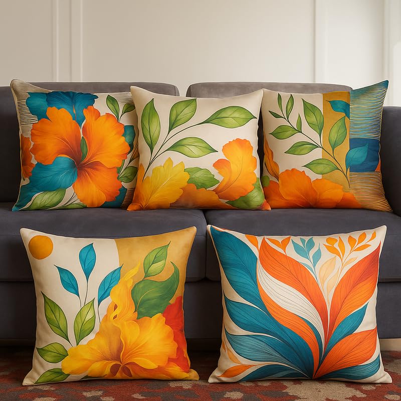 Vendola Decorative Satin Sofa Cushion Covers Set of 5, 18 inch x 18 inch, Sofa Pillow Cover, Beige, Green and Blue, Floral Design, Zipper Closure (Camira, 18X18 Inches)