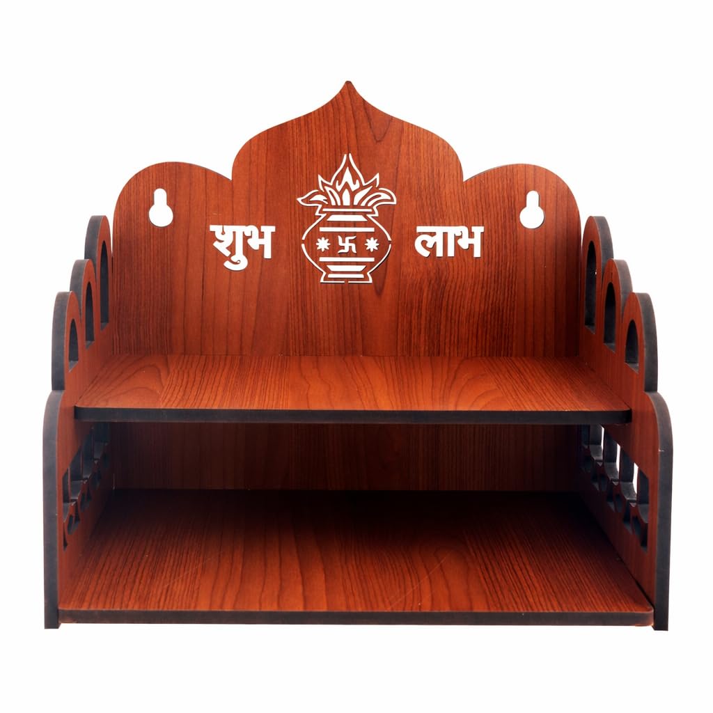 KALMANJUH Decorative Wooden Wall Hanging Mandir | Compact Home Temple with Shelves | Puja Stand for Idols, Diyas & Home Decor Size-20.3D x 20.3W x 22.9H Centimeters