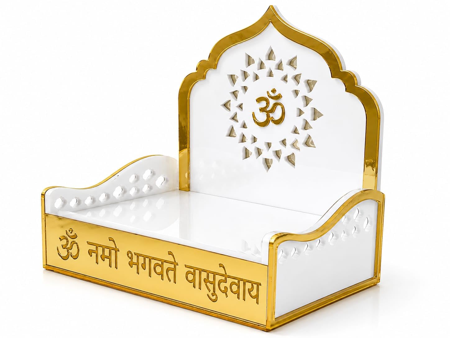 Acrylic Pooja Singhasan for Home Temple | White & Gold Mandir Chowki with Om Design | Krishna Laddu Gopal Singhasan | Decorative Acrylic Temple Seat for Pooja Room & Festive Decor. (5 * 6)