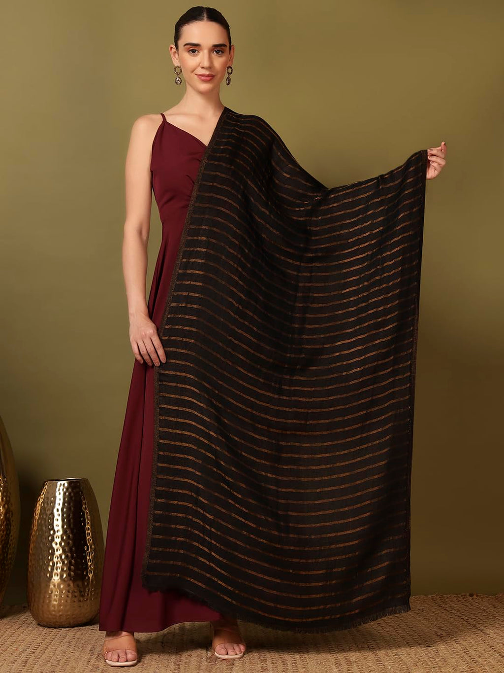 Pashmoda Women Golden Mirage Reversible Zari Moonlight Fine Wool Stole (Size : 28x80in, 71X203cm) ZSST05