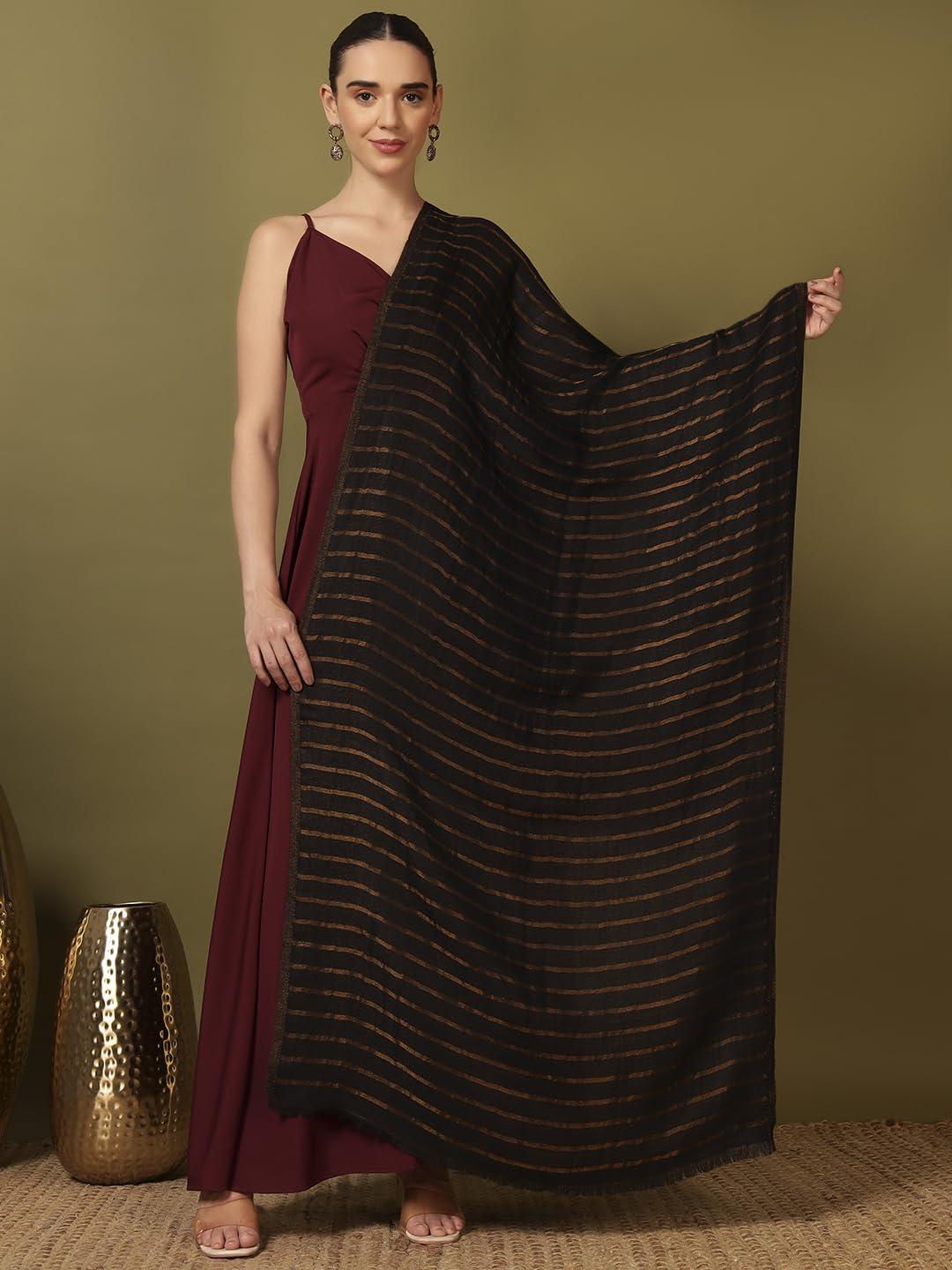 Pashmoda Women Golden Mirage Reversible Zari Moonlight Fine Wool Stole (Size : 28x80in, 71X203cm) ZSST05