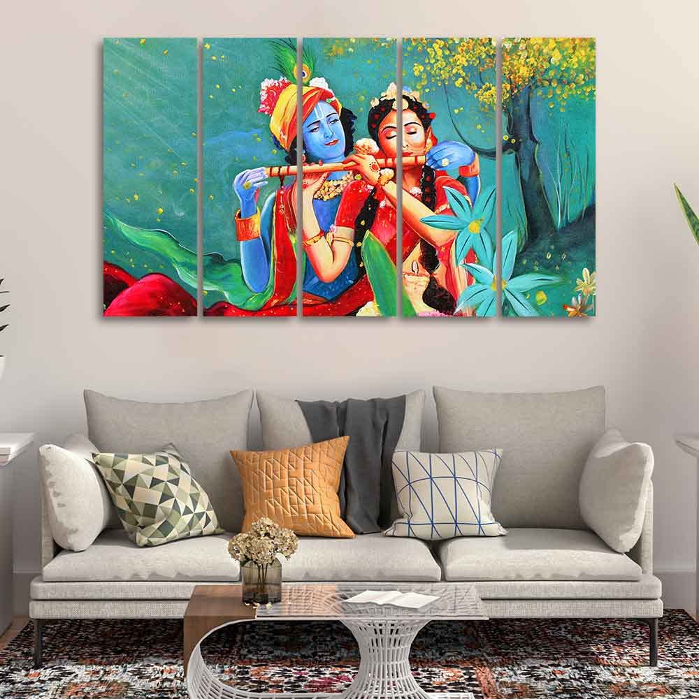 VIBECRAFTS Abstract Art Radha Krishna Wall Painting of Five Pieces For Home|Office|Living Room|Gift (PTVC5Pcs4_8705)
