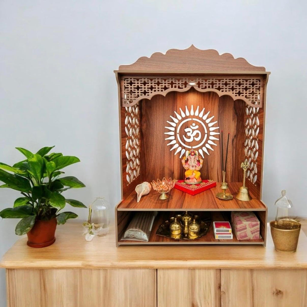 Bien Verrerie Wooden Home Temple/Mandir for Pooja, Built-in Light, Decorative Jali Work, Including Top 21 inches Tall Temple for Home, Office and Shop