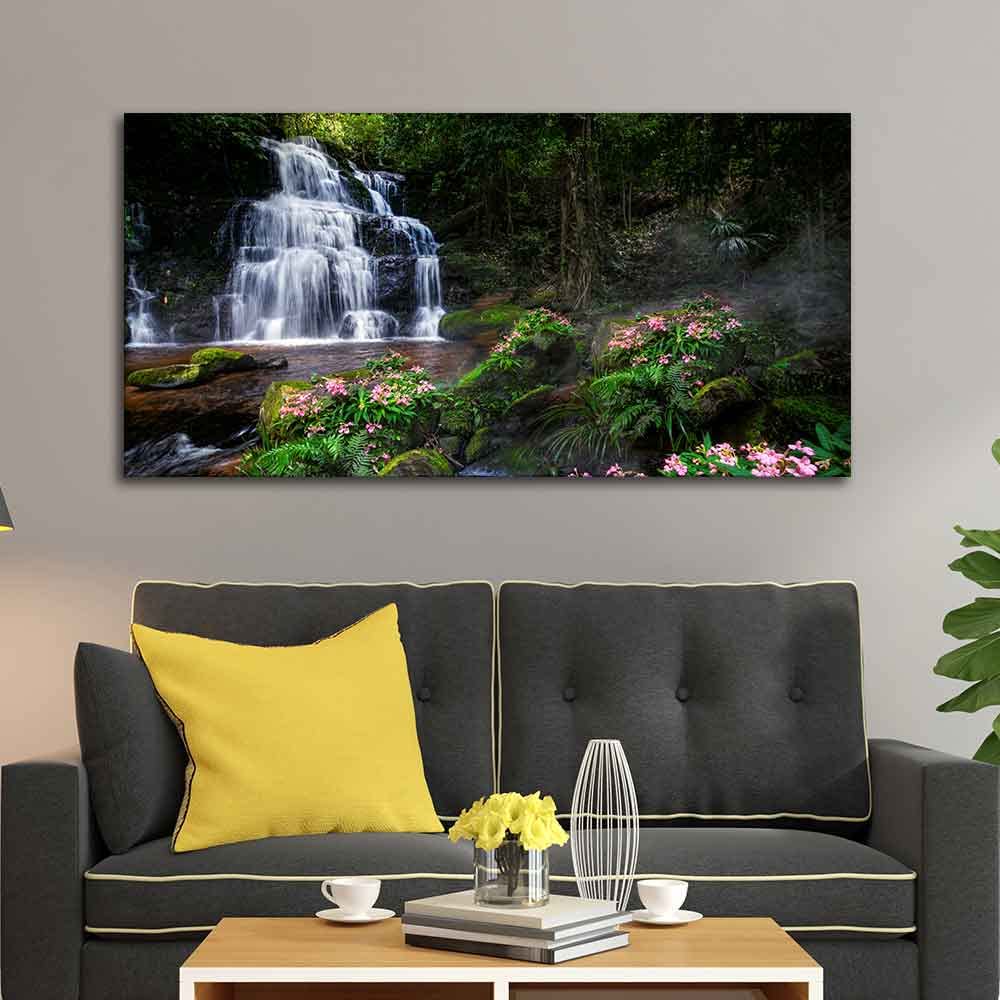 VIBECRAFTS Canvas Paintings for Living Room Drawing Room A Beautiful Waterfall in Forest Premium Canvas Wall Painting for Home|Office|Gift(PTVCH_2361NV)