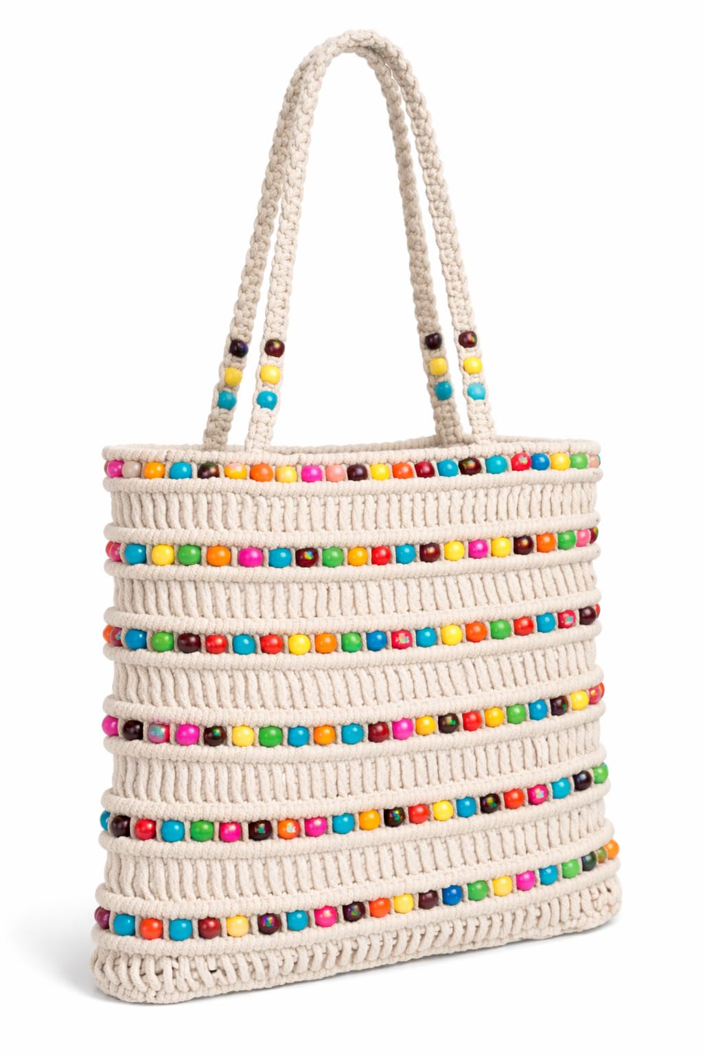 OLL OO LA LA BEAUTY Macrame tote Bag | Tote bags | Boho Shoulder Bag for Women | Crochet Bag | Boho bag for Beach, Casual & Travel Handbag (off-white - multicolor beads)