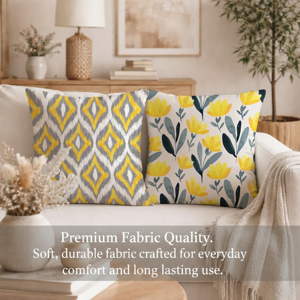 STITCHNEST Set of 2 Jute Cushion Covers – 16x16 Inches – Yellow & Grey Ikat-Inspired Geometric Print – Vibrant Cushion Covers for Sofa, Couch & Living Room | Perfect for Home Decor