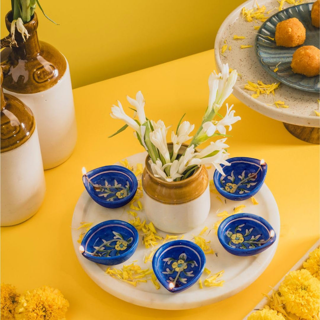 ATRANGI STUDIO Tulip Blue Pottery Diya - Set of 10 | Handcrafted Decorative Oil Lamps | Colourful diyas for puja Rituals, Festive Decoration | Perfect for Rangoli, Traditional Lighting (Blue)