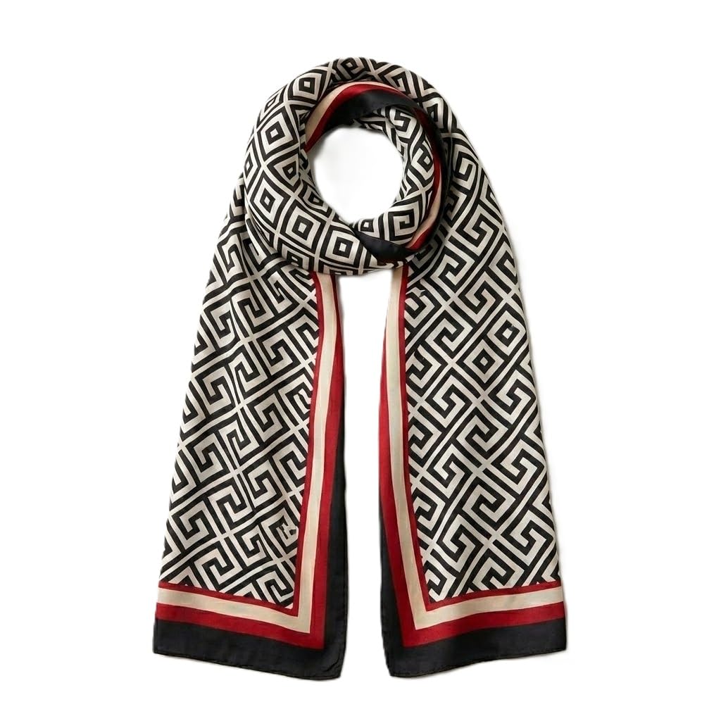 Alexvyan Satin Silk Summer Scarves 180 x 84 cm, Greca Pattern with Stitched Border, Lightweight Fashion Scarf for Women Sun Protection Stole