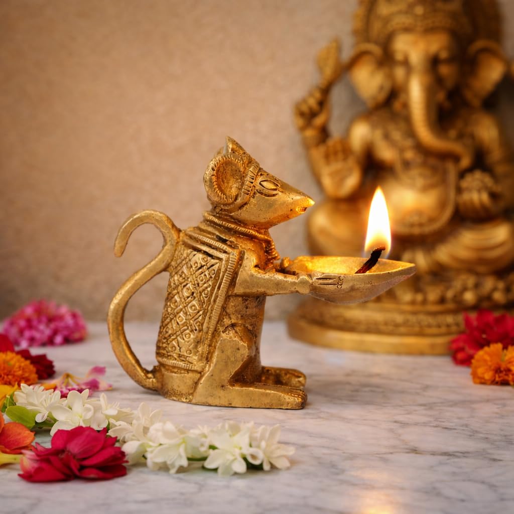 Artvarko Brass Rat Diya Oil Lamp Ganesha Moosshak Diya for Puja Home Decoration Deepam Diwali Gift 3.5 Inch