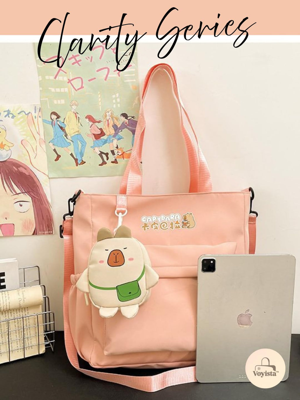 Clarity Series Capybara Tote Bag - Large Kawaii Shoulder Bag for Women, Multi-Pocket Aesthetic Handbag with Cute Plush Charm & Side Pockets- Ideal for Picnic, Travel, and College. (Hopeful Pink)