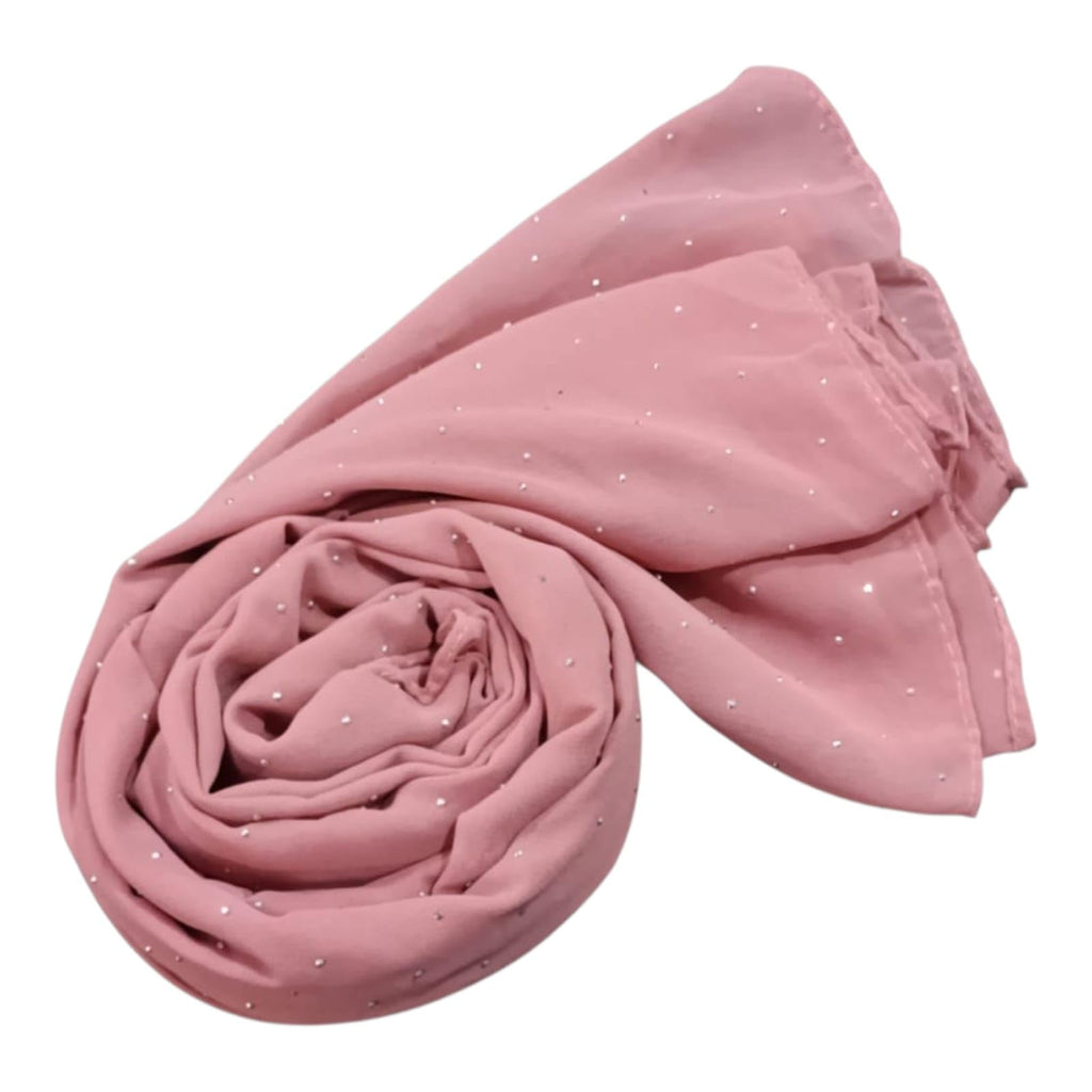 Premium Rhinestone Hijab | Korean Georgette | 70 x 30 Inch | Sparkle Scarf for Women | Soft & Lightweight Fabric (ROSE PINK)
