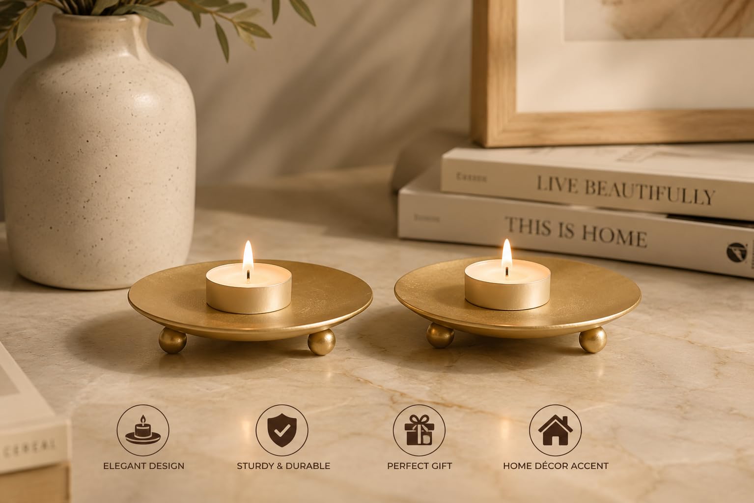 StylizShades Gold Metal Tealight Candle Holder Set of 2 | Round Decorative Tea Light Holders with Ball Feet | Modern Candle Stand for Home Decor, Diwali, Wedding & Table Centerpiece, Gold