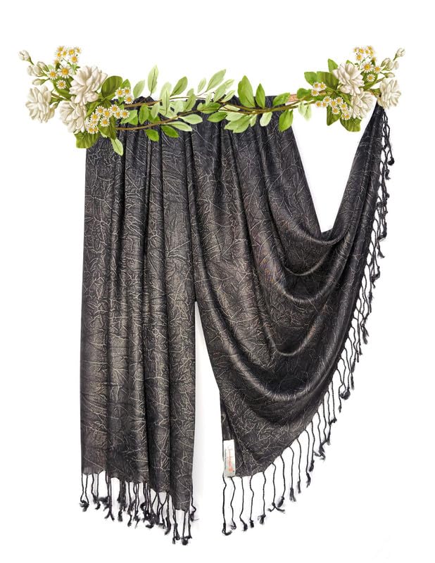 Chandwasia Crinkle Textured Fashion Scarf Shawl Wrap | For Travel Party Neck Styling And Daily Outings| Soft Lightweight Fabric Fringed Wrinkled Texture Long Stole Accessory For Women - Charcoal Black