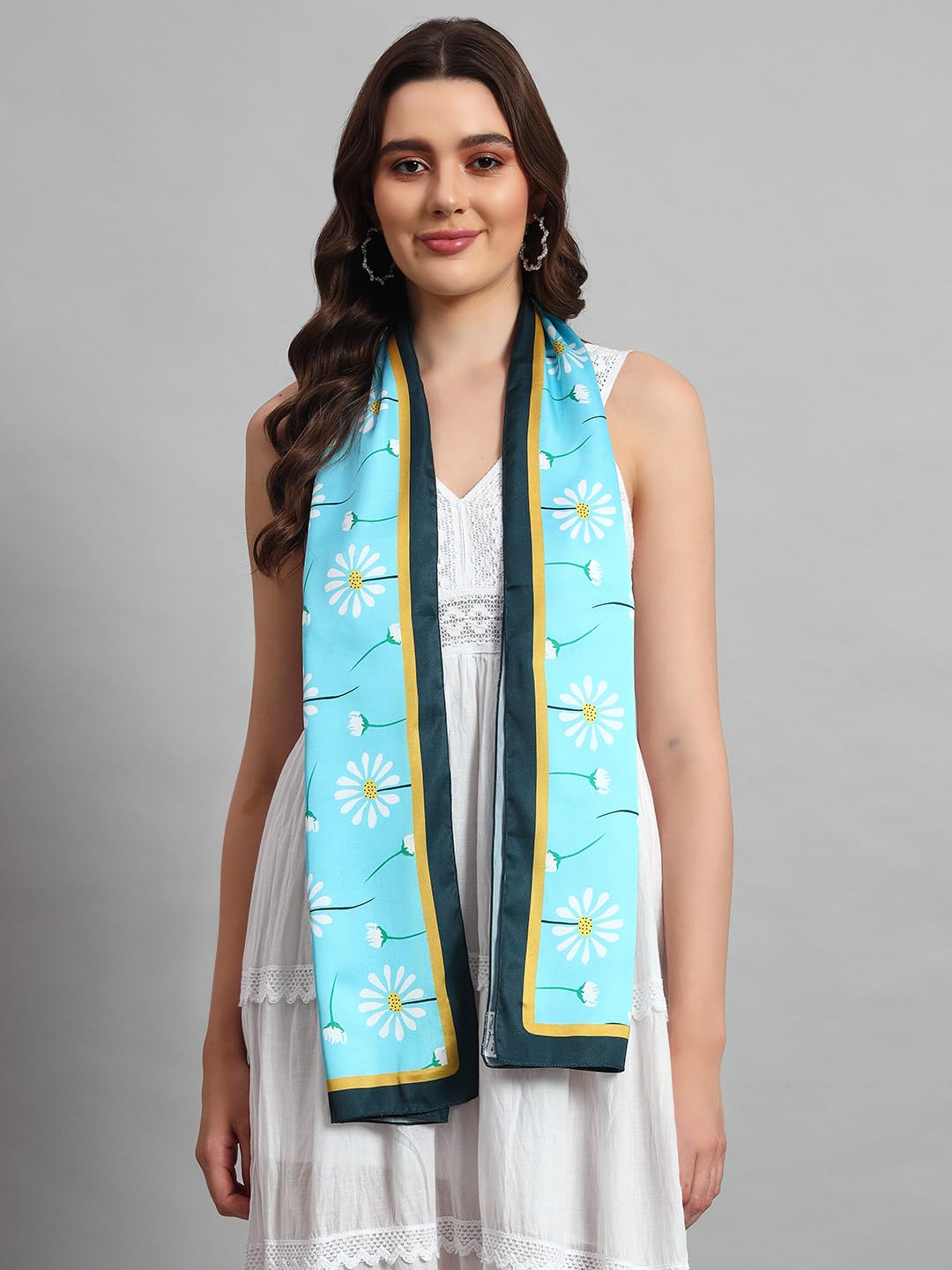Ravaiyaa - Attitude is everything Women Lightweight Printed 100% Satin Silk Scarf Stoles Breathable Neckerchief Head Beach Wrap Scarves (Turquoise Blue Floral, 70 x 20 Inch)
